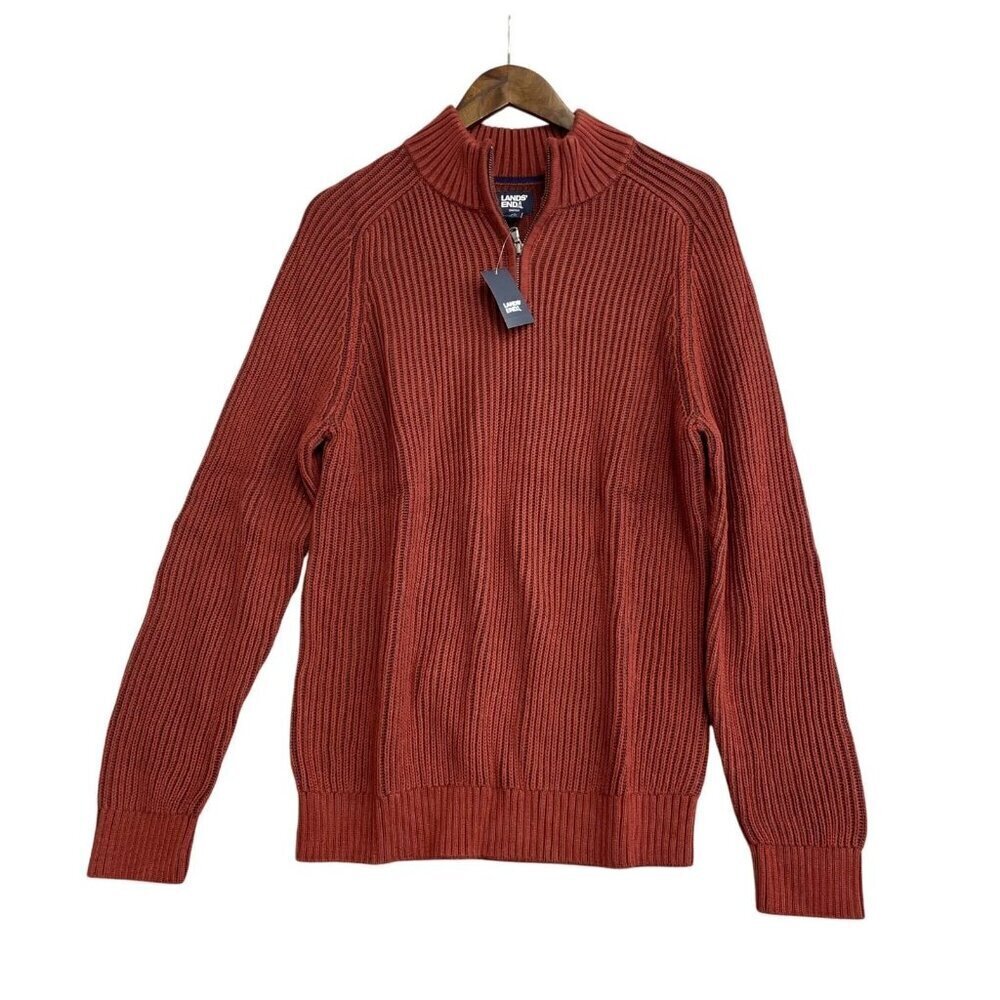 NEW Lands' End Drifter Men's M Half-Zip Sweater Rust Red 100% Cotton